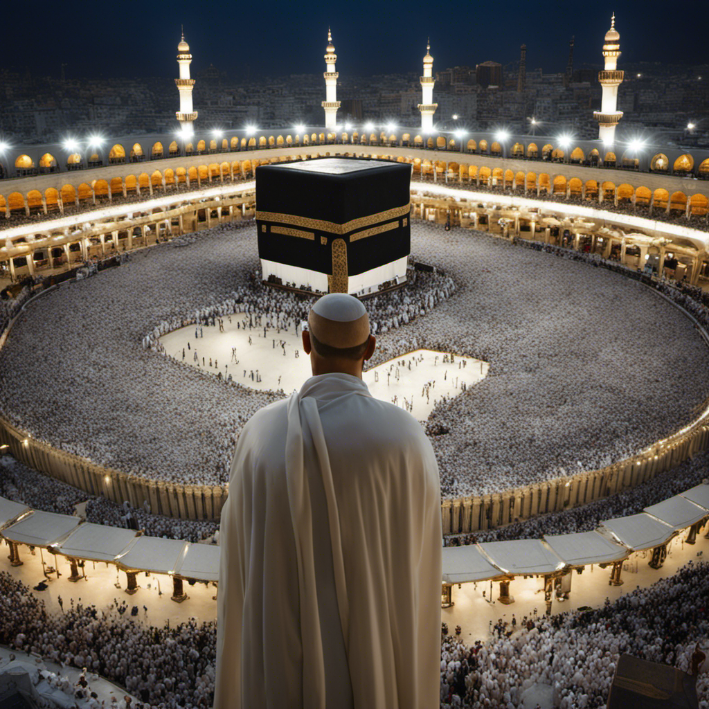 An image capturing the serene ambiance of a Hajj pilgrimage, showing a person shaving their head, conveying the spiritual significance and personal transformation associated with the ritual, all while highlighting the beauty of unity and devotion