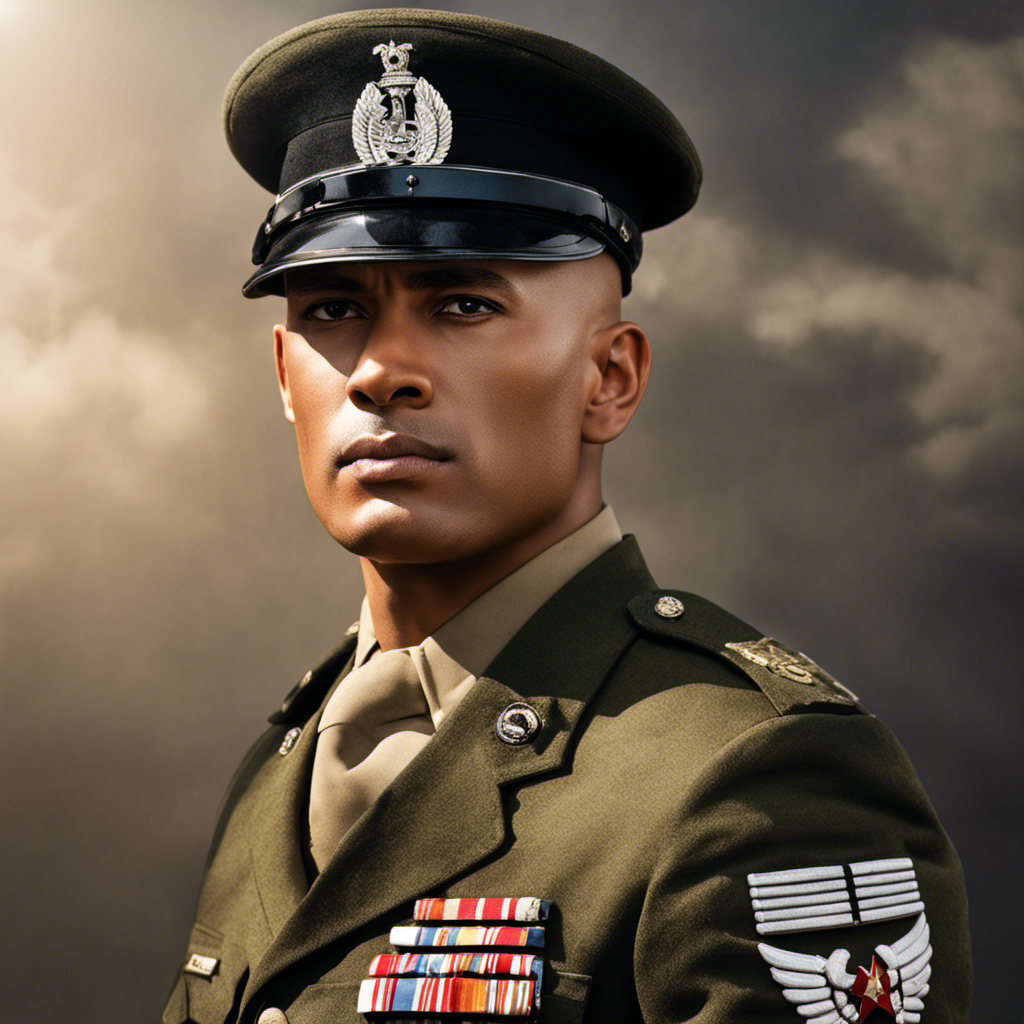 An image depicting a soldier standing confidently, dressed in military uniform, with a razor in hand and a determined expression