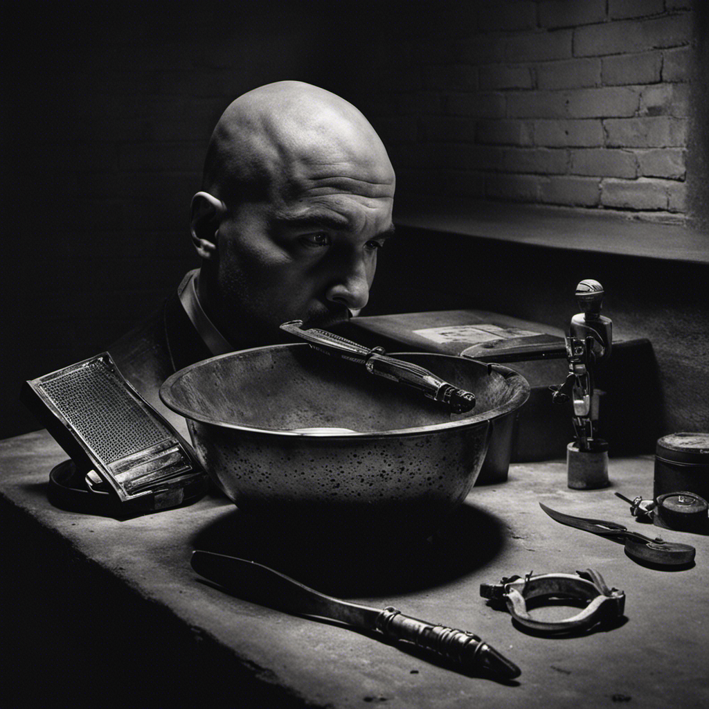 An image that captures the stark reality of prison life: a dimly lit cell, a worn-out razor clutched in a hand, and a bald head reflecting the harsh fluorescent light