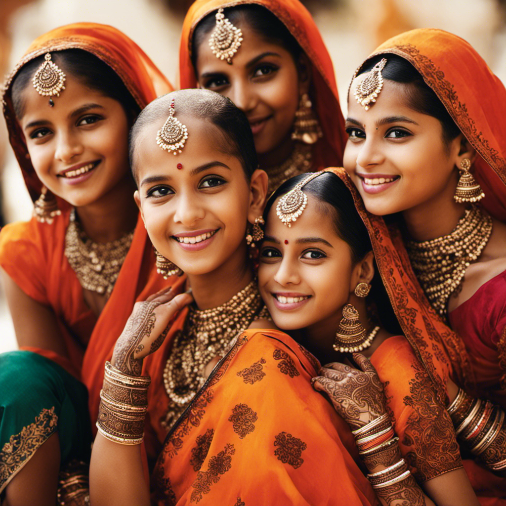 An image showcasing a group of young Indian girls wearing vibrant traditional attire, confidently sporting shaved heads adorned with intricate henna designs, reflecting the empowering cultural significance behind this practice