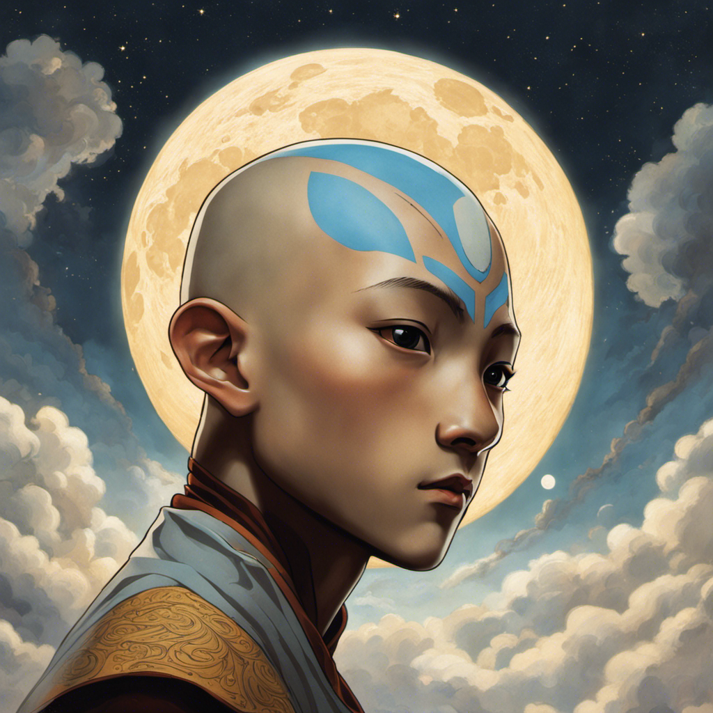 An image capturing Aang's transformation: his serene face illuminated by the glow of the full moon, surrounded by locks of his shorn hair floating gracefully in the gentle breeze, revealing his tattooed arrowed scalp