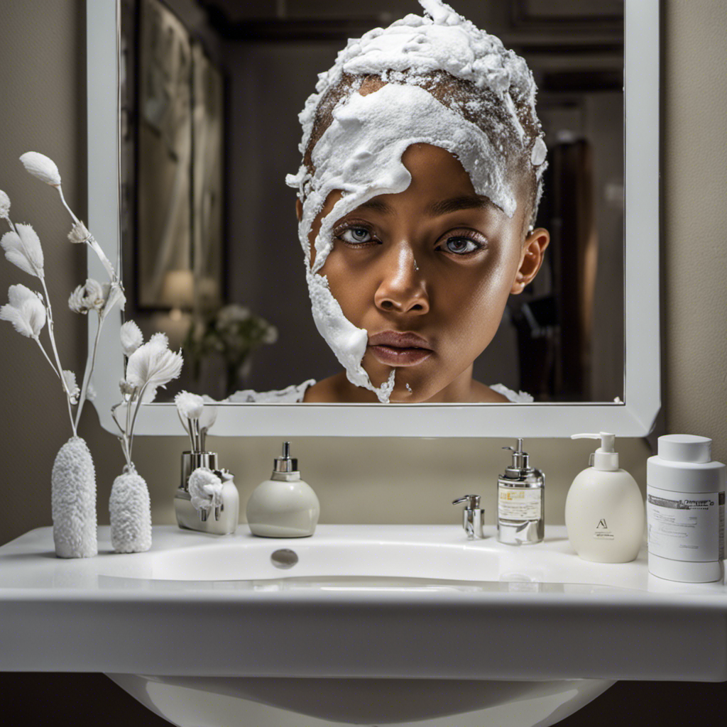 An image showcasing Alpha in front of a mirror, her head partially covered in foam from shaving cream