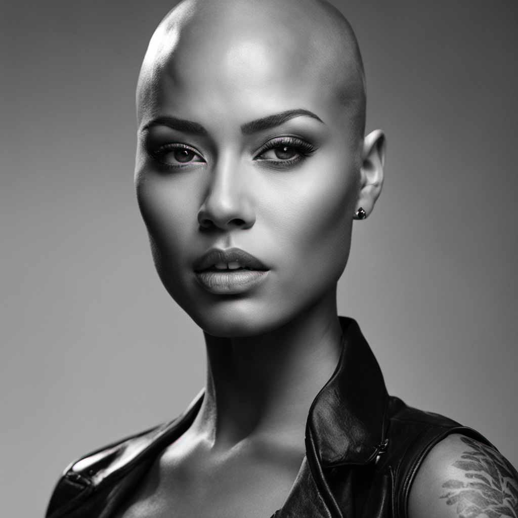 An image featuring Amanda Giece, captured in black and white, standing confidently with her freshly shaved head