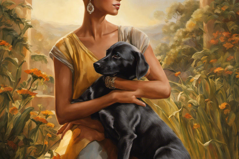 E the essence of compassion and empowerment in an image: Amanda, adorned in a serene setting, her shaved head glistening under the soft sunlight, as she lovingly embraces a rescued dog, their unspoken bond radiating hope and resilience
