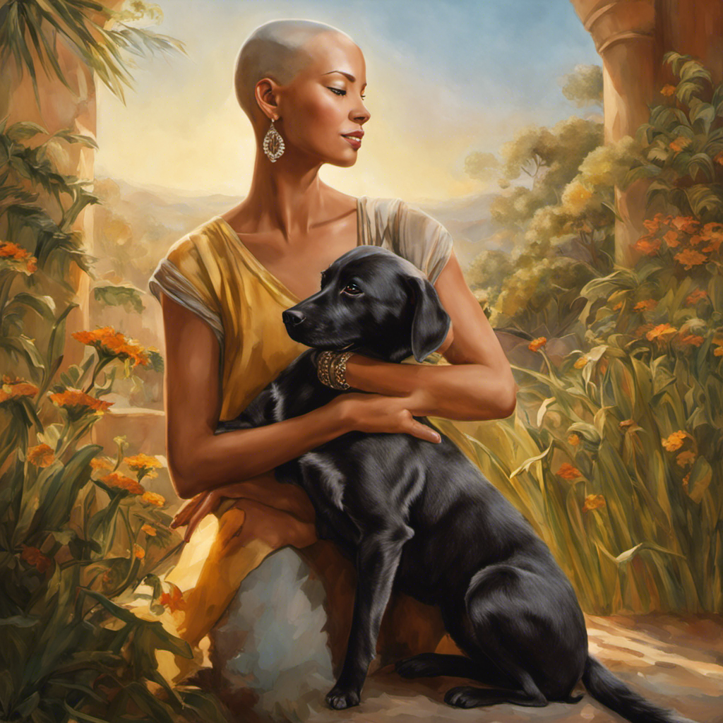 E the essence of compassion and empowerment in an image: Amanda, adorned in a serene setting, her shaved head glistening under the soft sunlight, as she lovingly embraces a rescued dog, their unspoken bond radiating hope and resilience