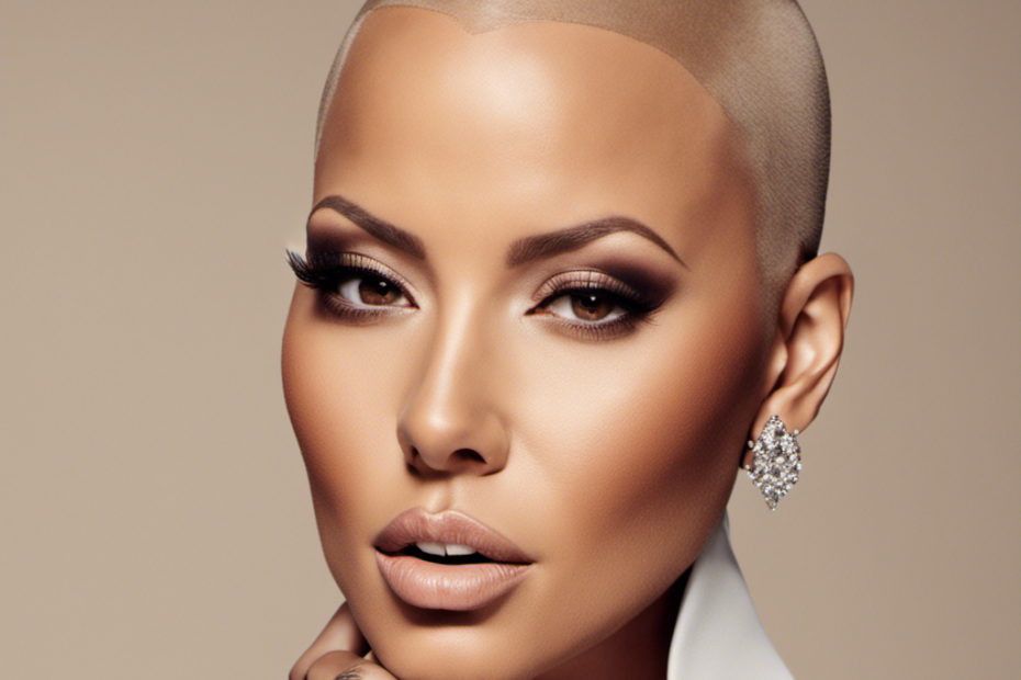 An image showcasing Amber Rose's confident gaze as she runs her hand over her smooth, shaved head