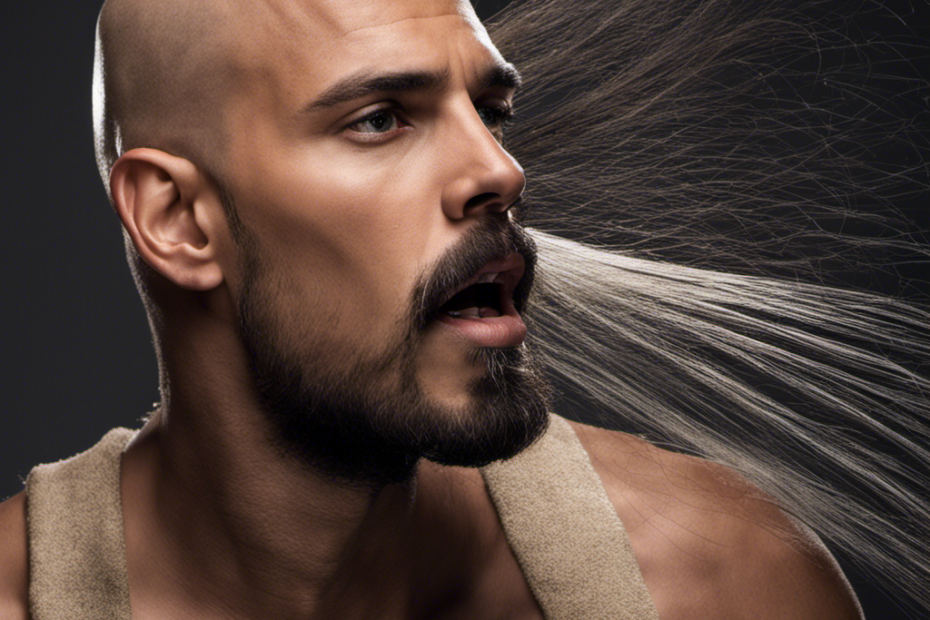 the essence of Andrew Tate's decision to shave his head: In the image, a glistening razor glides smoothly across Andrew's scalp, casting off a cascade of dark locks, while his confident gaze reflects determination and liberation simultaneously