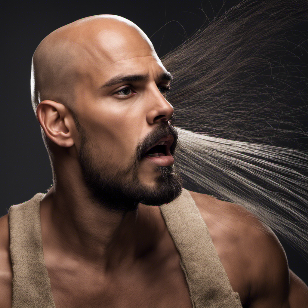 the essence of Andrew Tate's decision to shave his head: In the image, a glistening razor glides smoothly across Andrew's scalp, casting off a cascade of dark locks, while his confident gaze reflects determination and liberation simultaneously