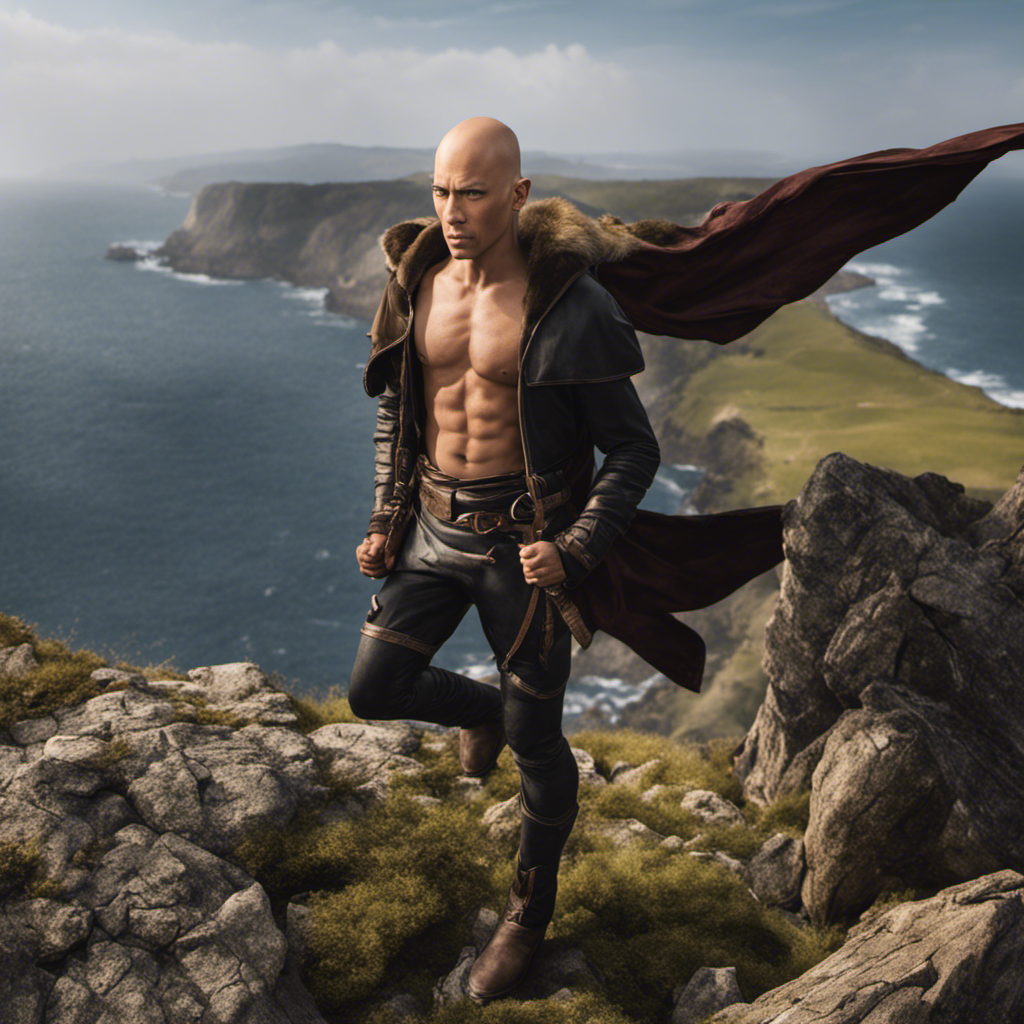An image showcasing Ang, completely bald, with determination in his eyes, standing on a cliff edge