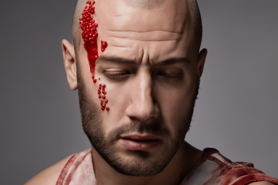 An image depicting a person with a freshly shaved head, wincing in pain as tiny red bumps and irritated skin are visible