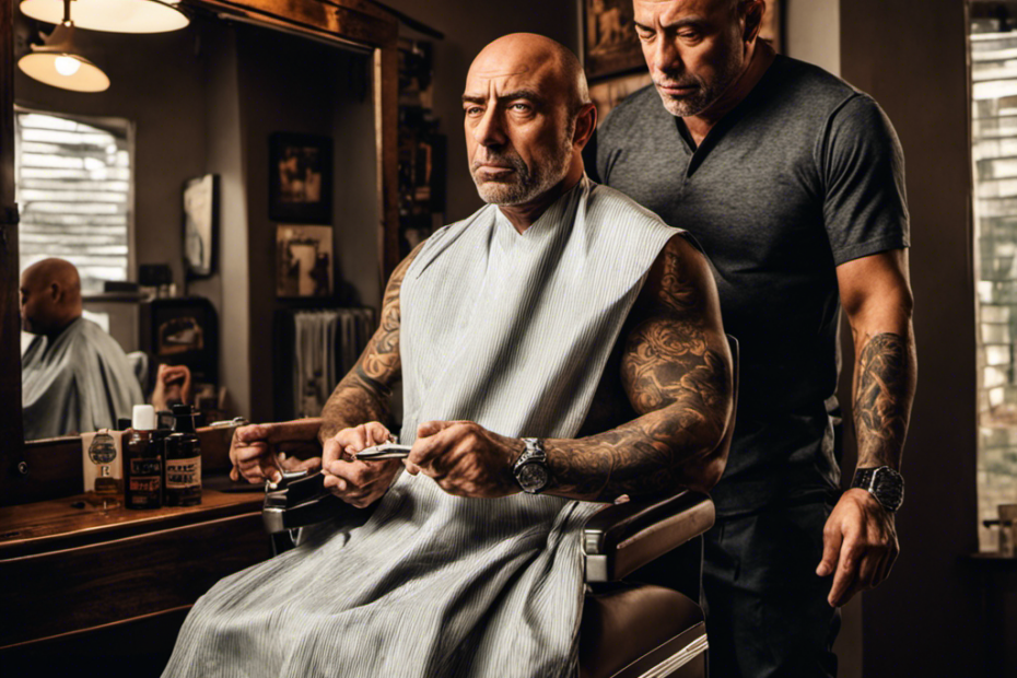 E of Joe Rogan seated in a barbershop chair, his face relaxed, as a barber carefully shaves his head with a straight razor