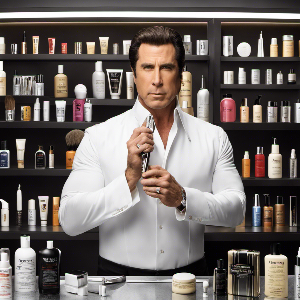 An image focusing on John Travolta's smooth, glistening head as he confidently holds a razor, surrounded by a collection of trendy hair products, reflecting his bold decision to rock the clean-shaven look