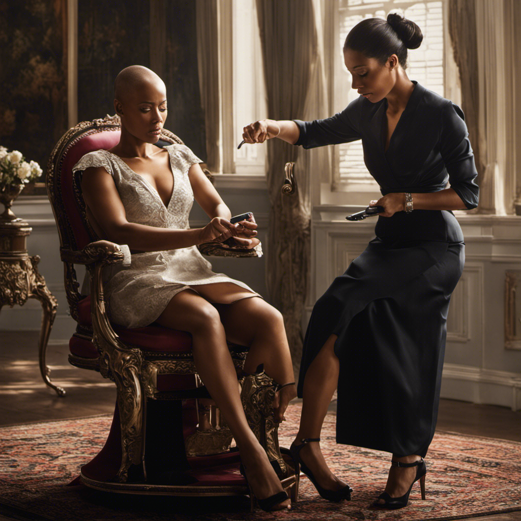 An image featuring a woman sitting on a chair, visibly uncomfortable, as she watches another person delicately shaving their head nearby