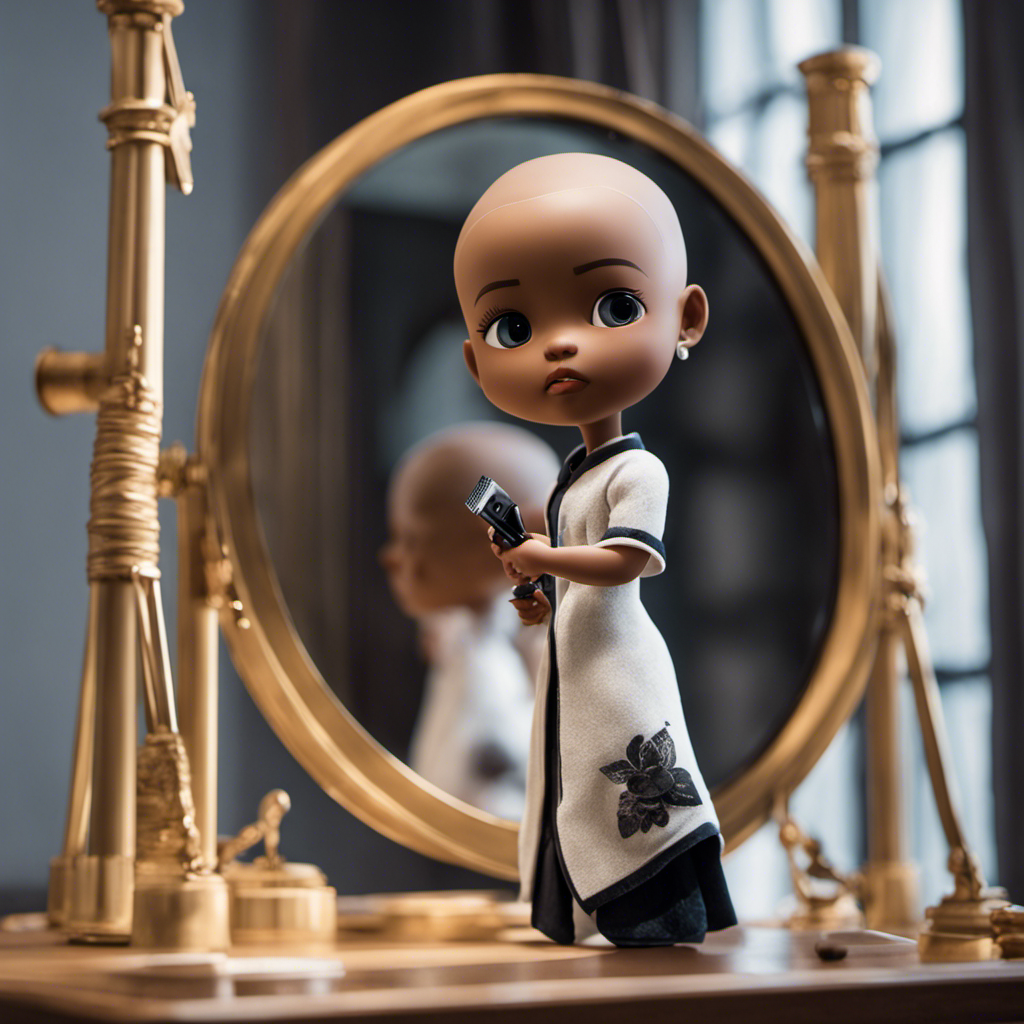 An image showcasing Nao, with razor in hand, standing confidently in front of a mirror