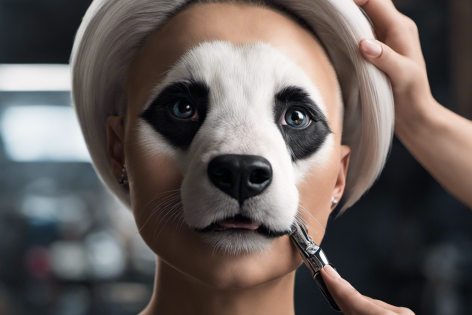 An image capturing the pure vulnerability of Amanda, owner of Panda Paws, as she embraces the clippers, her eyes glistening with determination, ready to reveal the untold story behind her shaved head