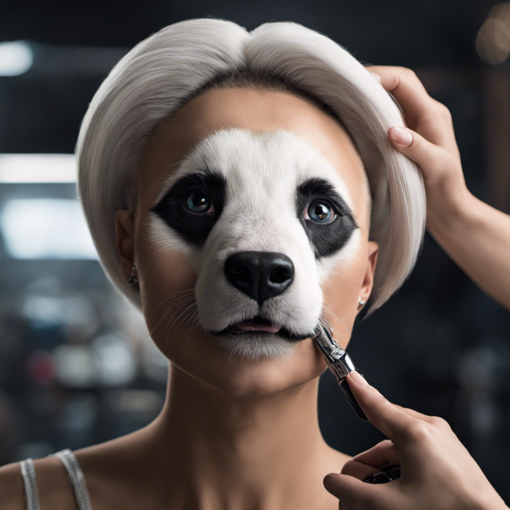 An image capturing the pure vulnerability of Amanda, owner of Panda Paws, as she embraces the clippers, her eyes glistening with determination, ready to reveal the untold story behind her shaved head