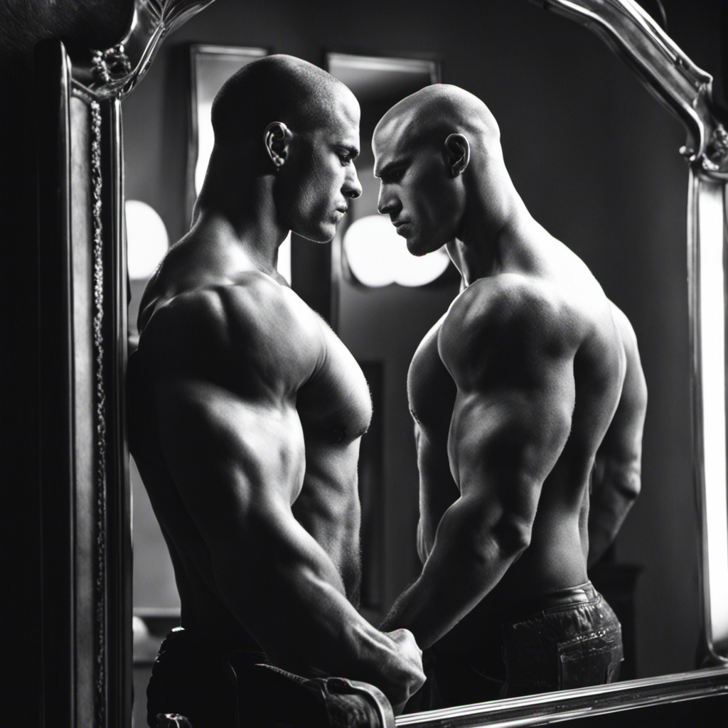 Hromatic image of Sam, a muscular man with a chiseled jawline, standing in front of a mirror, his determined gaze fixed upon his reflection as he meticulously shaves his head with a gleaming silver razor