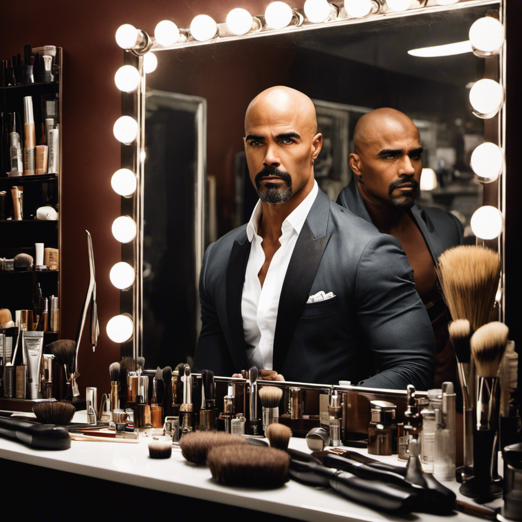 An image featuring Shemar Moore gazing into the mirror, surrounded by barber tools