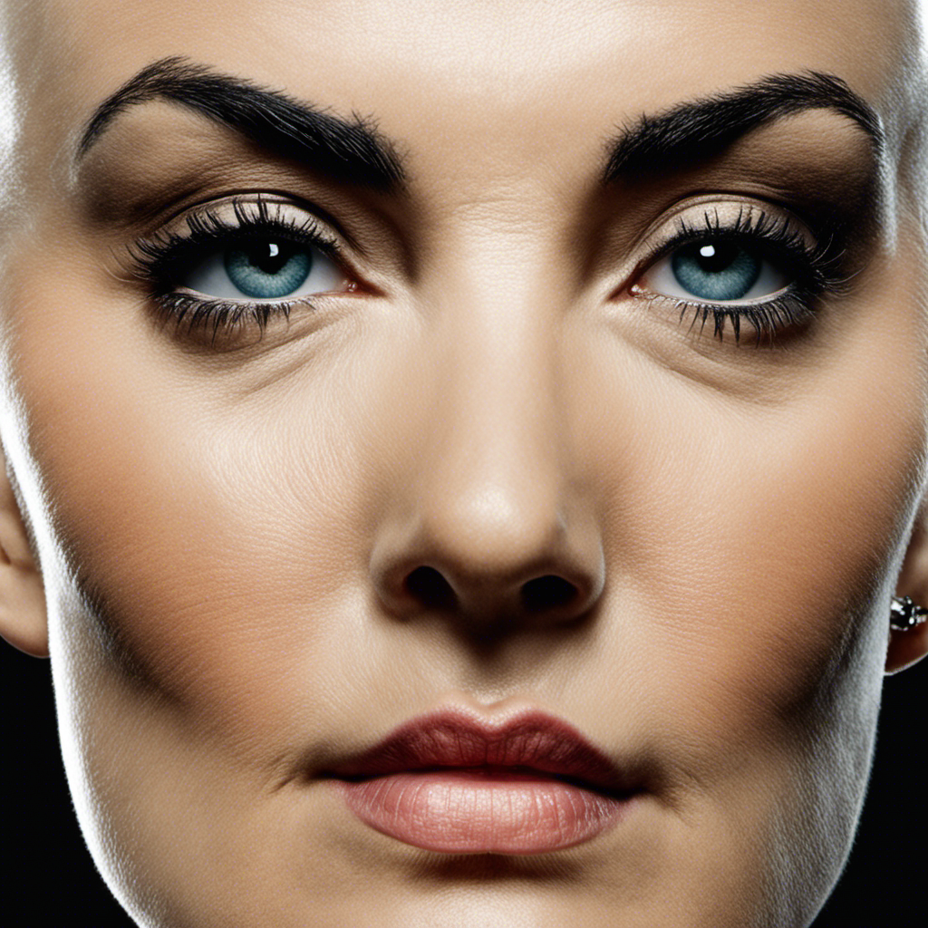 An image capturing the raw vulnerability of Sinead O'Connor's shaved head, revealing her strength and defiance through the smoothness of her scalp, the glint of her piercing eyes, and the boldness of her unique features