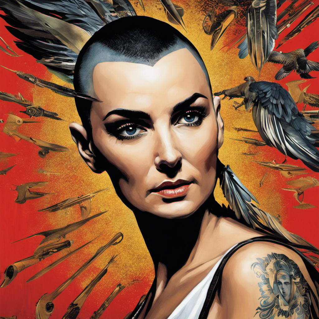 An image depicting Sinead O'Connor's iconic shaved head: a close-up shot capturing the glistening razor blade gliding over her rebellious, jet-black locks, symbolizing her bold statement of personal freedom and defiance