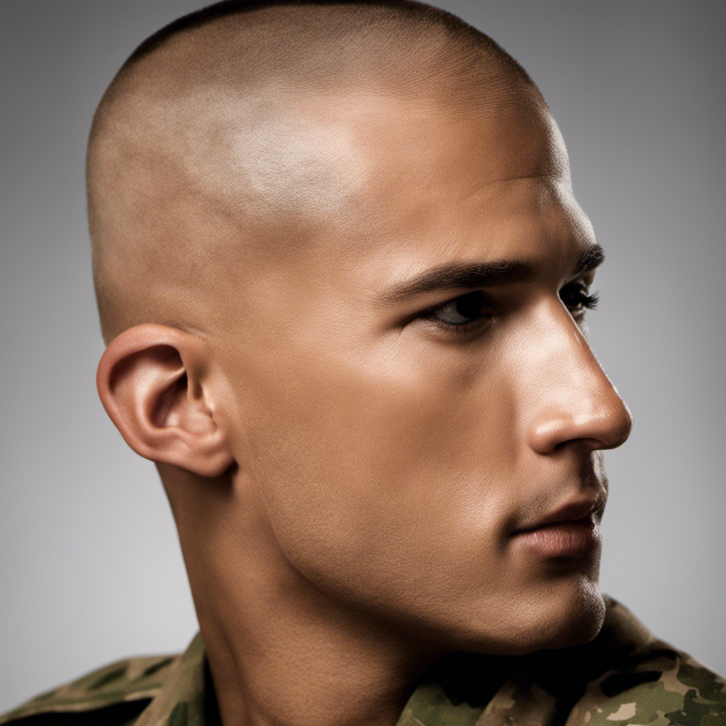 An image for a blog post about why the army requires soldiers to shave their heads: A close-up shot of a soldier's freshly shaven head, revealing the defined contours, glistening with sweat, embodying discipline and uniformity