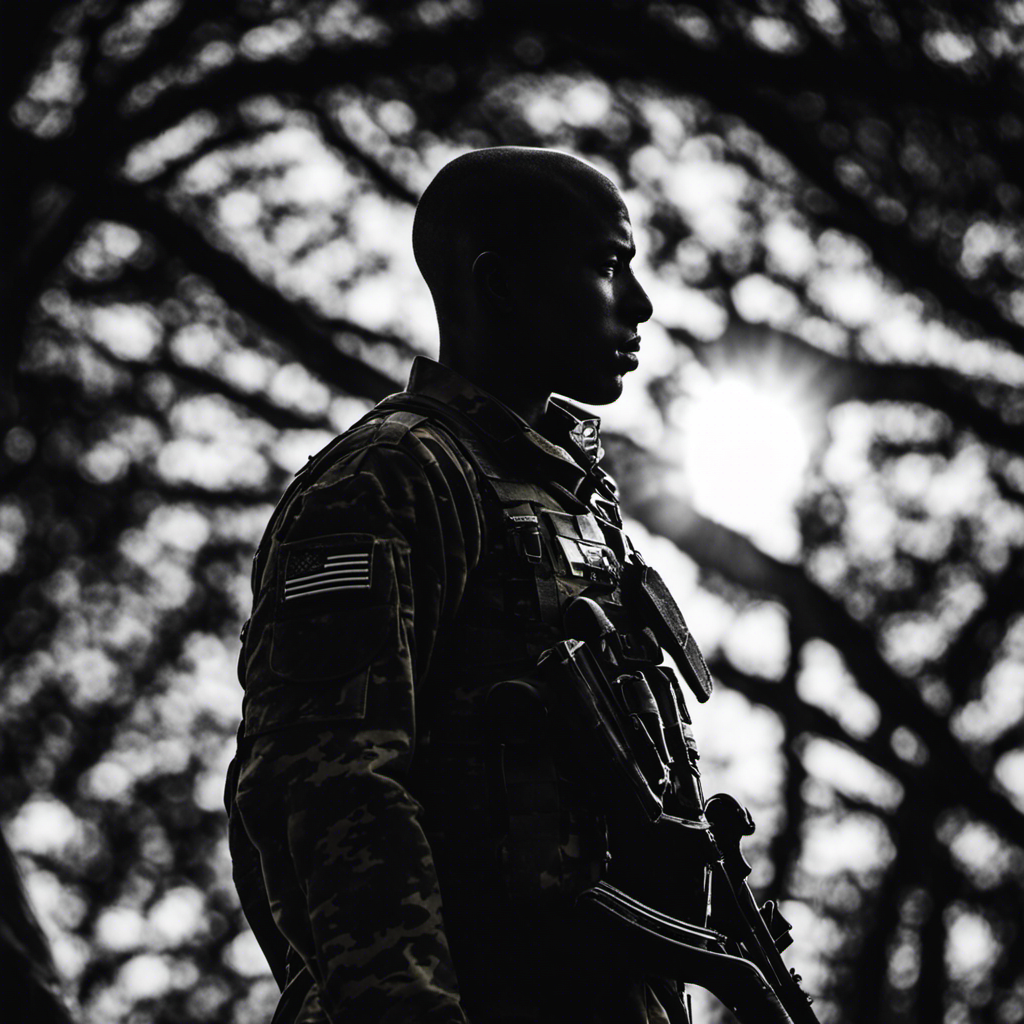 a striking image of a soldier's silhouette, their freshly shaved head glistening under the sun