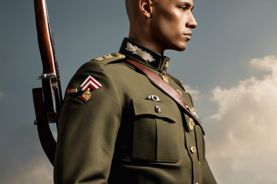 An image showcasing a soldier with a clean-shaven head, clad in military attire, standing tall with pride