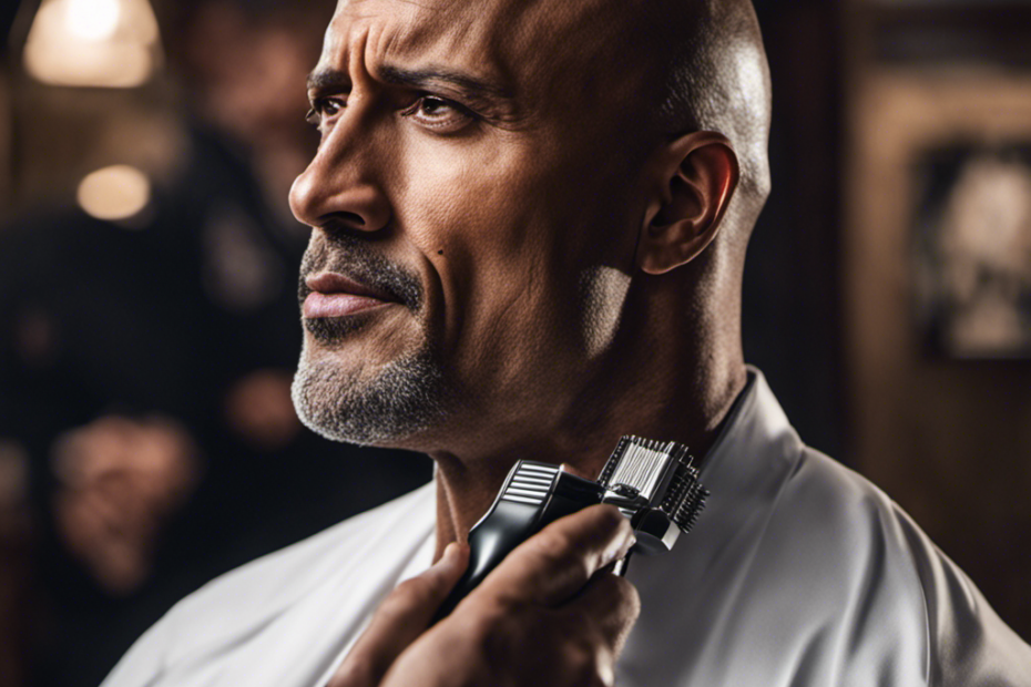 An image featuring a close-up shot of a barber's electric razor gliding smoothly over a bumpy terrain of Dwayne "The Rock" Johnson's signature bald head, capturing the enigmatic allure behind his iconic choice