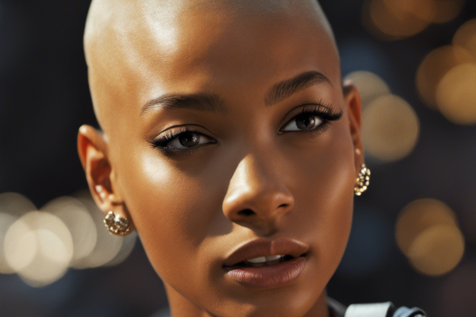 An image that captures the essence of Willow Smith's boldness and freedom by depicting a close-up shot of her shaved head, highlighted by the soft glow of sunlight, revealing her unique beauty and fearless self-expression