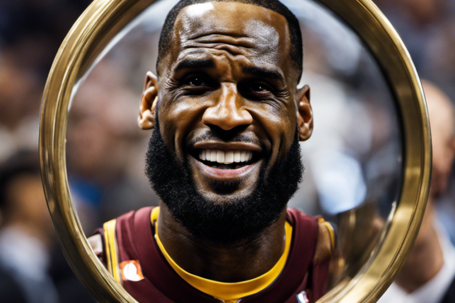 An image showcasing a close-up view of LeBron James, his face partially obscured by a basketball, as he gazes into a mirror with a mischievous smile