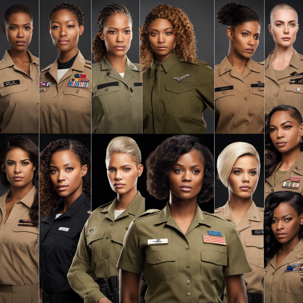 An image that showcases a diverse group of female recruits proudly standing tall, each with their unique hairstyles ranging from buzz cuts to long tresses, highlighting the empowering choice for women to express their individuality in the military