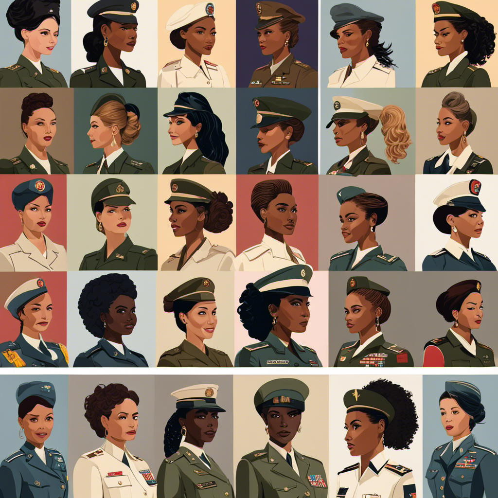 An image that showcases a diverse group of confident and empowered women in military uniforms, proudly sporting various hairstyles, highlighting the freedom of self-expression and questioning the traditional norms of women's hair grooming in the military