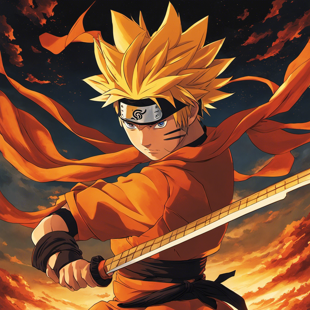 An image capturing Naruto's transformation: under a vibrant sunset, the wind fiercely blows, revealing his unyielding determination as his golden locks fall, revealing a clean-shaven head, symbolizing his growth and commitment to his ninja way