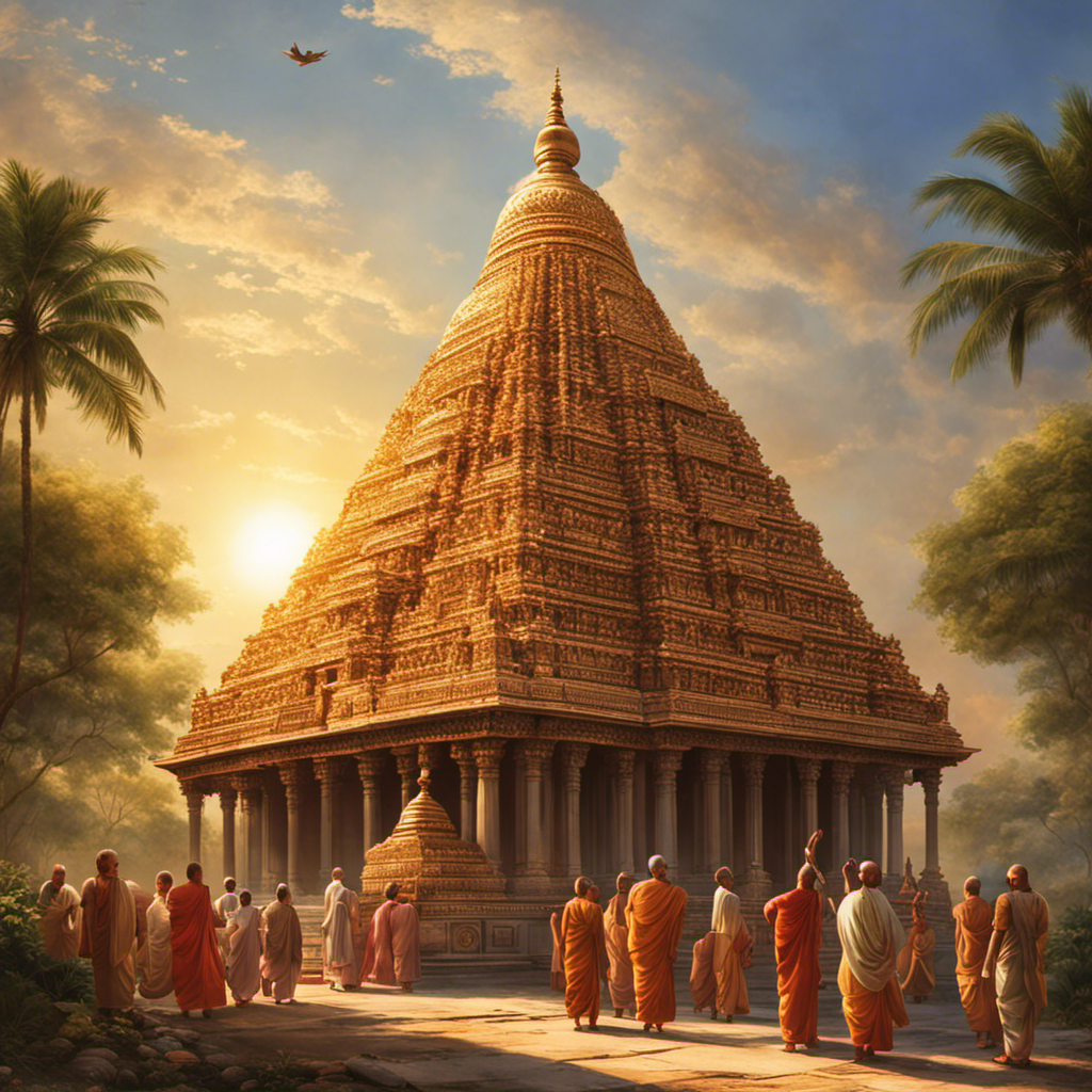 An image showcasing a serene Indian temple with devotees, their freshly shaven heads glistening in the sunlight, symbolizing the profound act of surrender and spiritual devotion