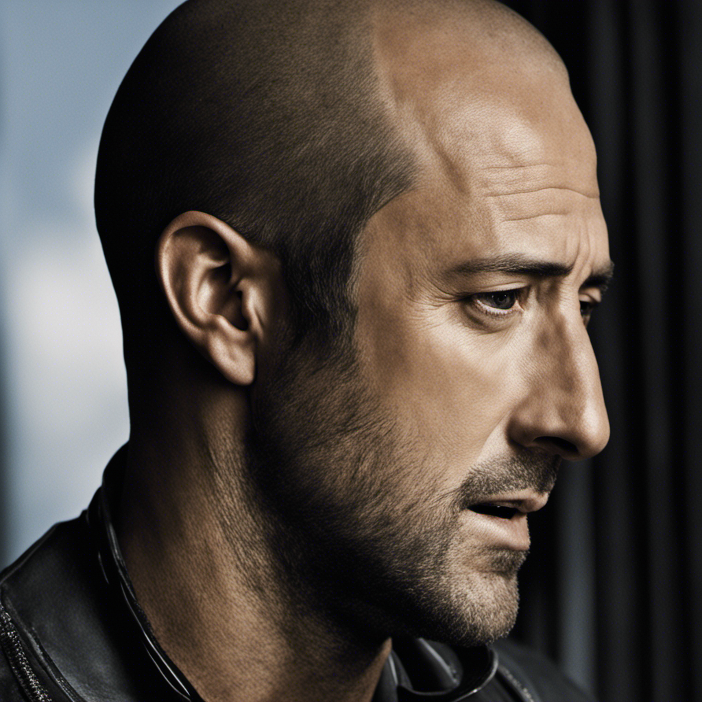 An image showcasing a close-up of Alex O'Loughlin's smooth, gleaming scalp, framed by a razor held mid-air