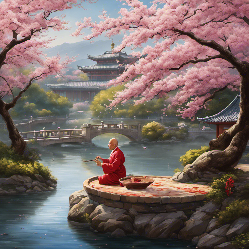 An image showcasing a Manchurian man, clad in traditional attire, gracefully shaving his head in a serene courtyard, surrounded by vibrant cherry blossom trees and the tranquil sound of a flowing river