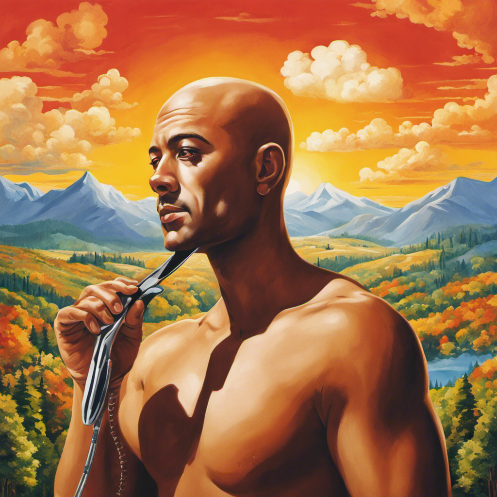 An image depicting a man with a razor in hand, surrounded by vibrant August scenery