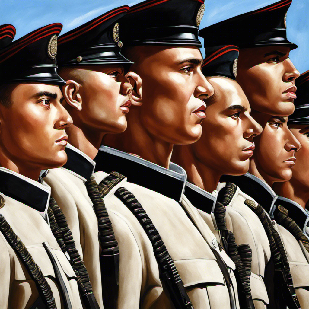 An image capturing a close-up view of a row of soldiers, their heads freshly shaved, standing tall in uniform