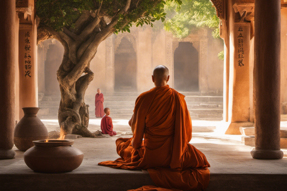 An image showcasing a serene monastery courtyard bathed in soft morning light