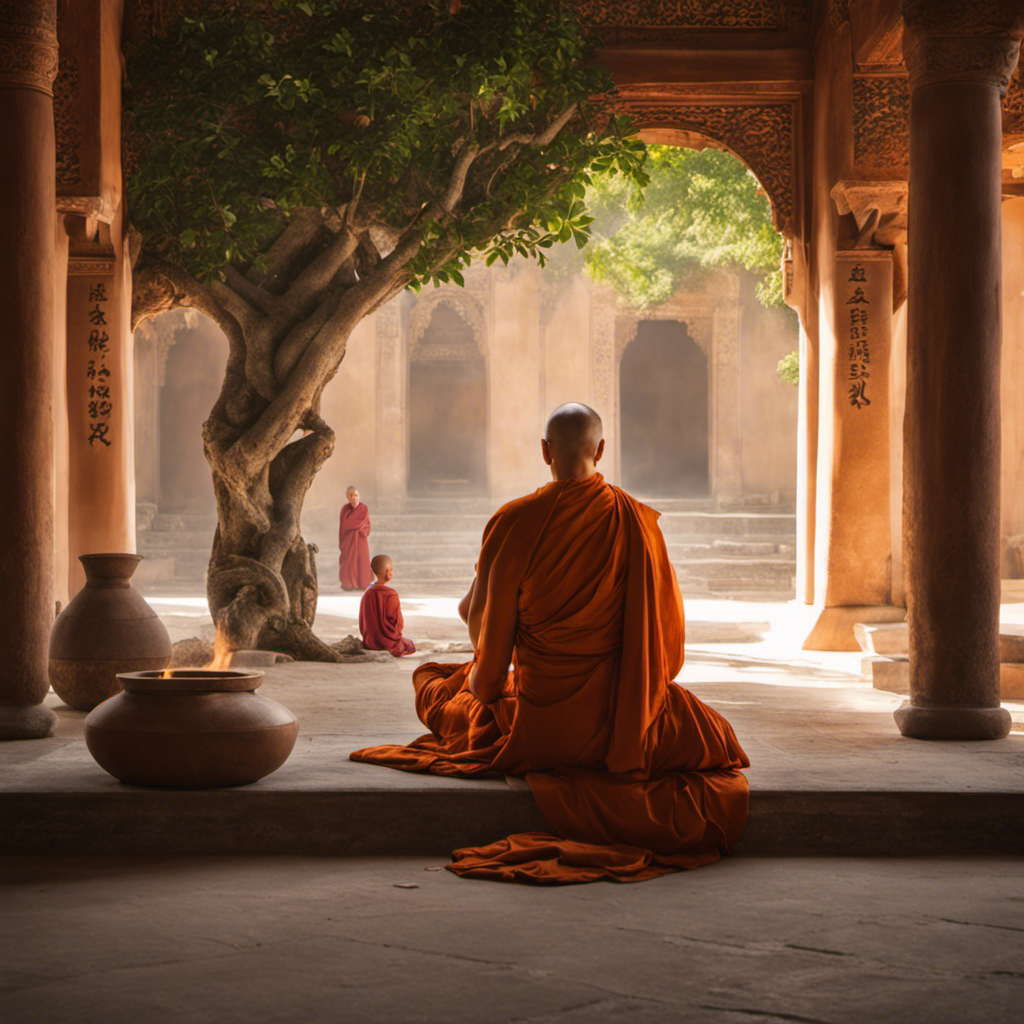 An image showcasing a serene monastery courtyard bathed in soft morning light