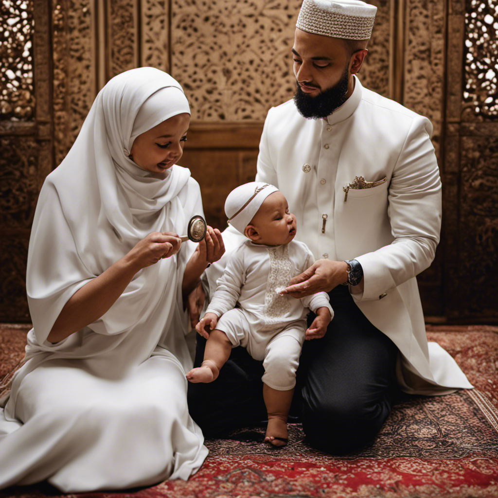 An image capturing the delicate ritual of a Muslim baby's head shaving ceremony: a serene scene with proud parents, a Muslim cleric, a silver-toned razor, and a baby cradled in their arms