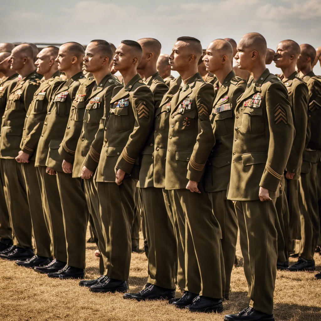 An image that captures the essence of military discipline and unity, portraying a row of freshly shaved heads glistening under the sun, showcasing the unwavering commitment and camaraderie of soldiers in the Army