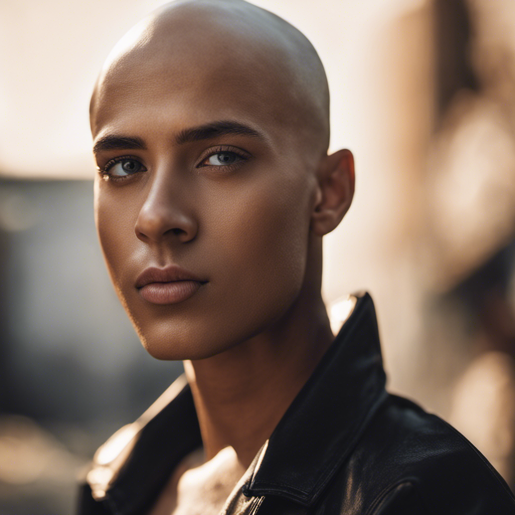 An image: A close-up of a confident person with a shaved head, sunlight glimmering on their smooth scalp