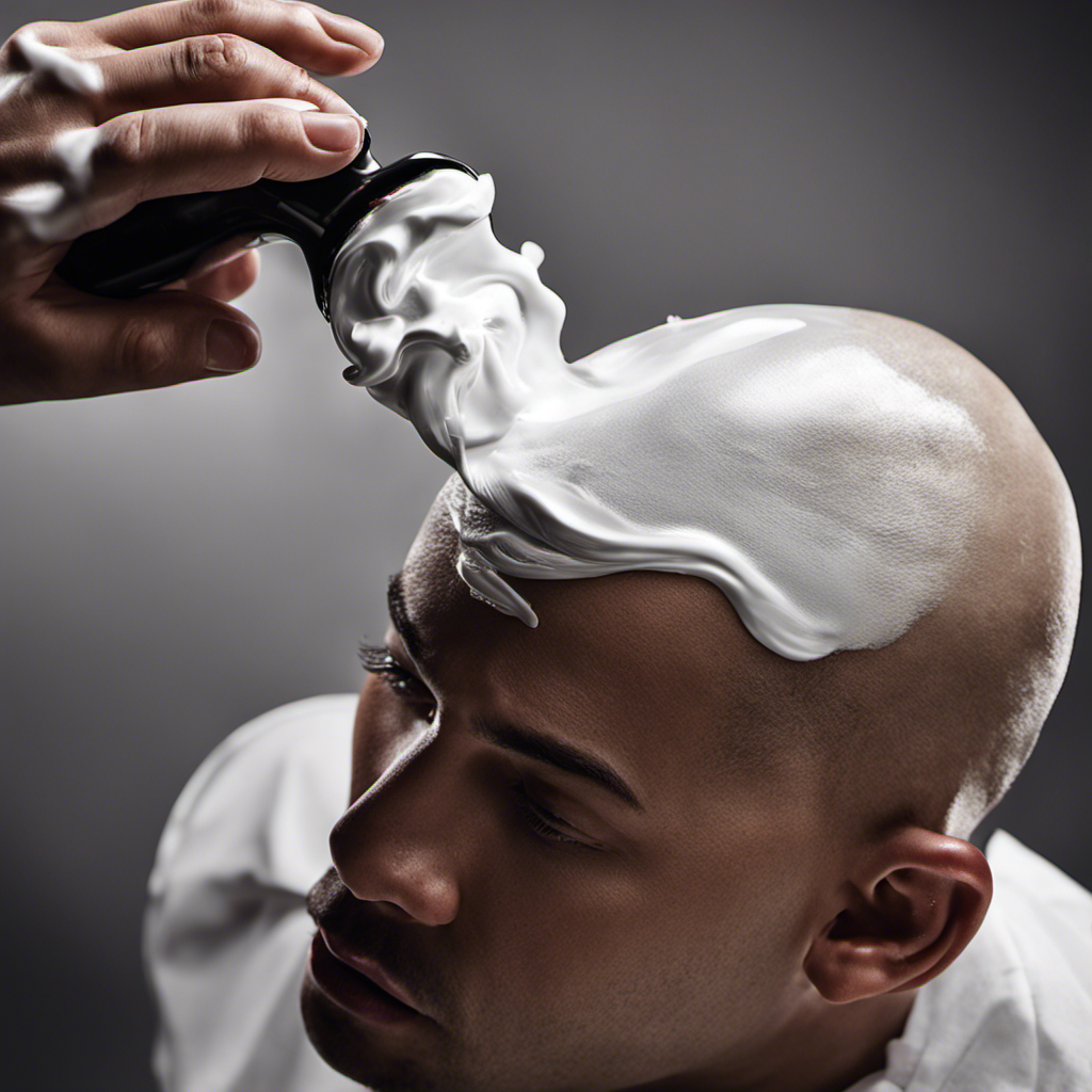 An image showcasing a close-up shot of a bald head being gently lathered with shaving cream, as a razor glides across the smooth skin, capturing the transformative act of shaving a head