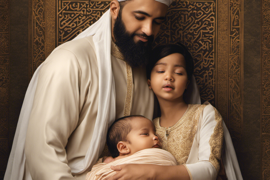 An image depicting a serene scene with a Muslim family, gently shaving the head of their newborn baby, symbolizing a cherished Islamic tradition