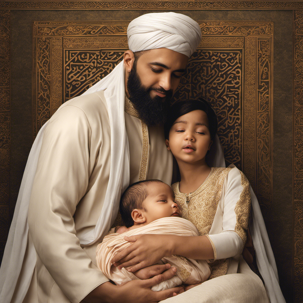 An image depicting a serene scene with a Muslim family, gently shaving the head of their newborn baby, symbolizing a cherished Islamic tradition