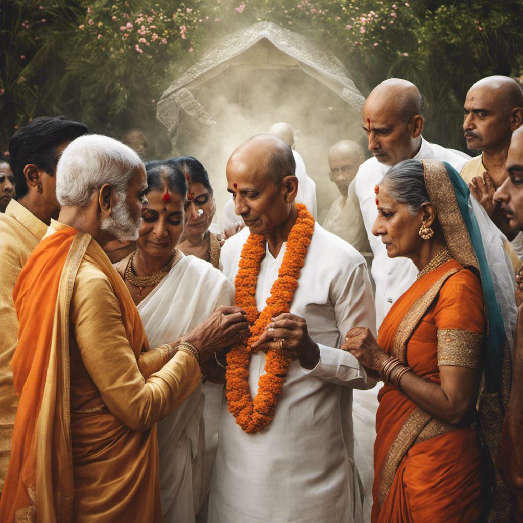 An image that depicts a serene scene of a traditional Hindu funeral ritual, capturing the profound significance of shaving the head after death