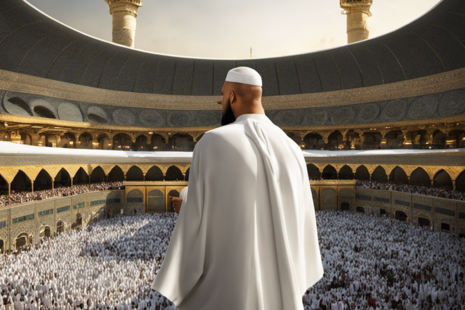An image that captures the essence of the post "Why Shave Head After Hajj," showcasing a serene pilgrim, clad in white, standing before the Kaaba, gently shaving their head, symbolizing spiritual purification and rebirth