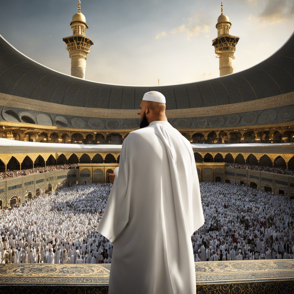 An image that captures the essence of the post "Why Shave Head After Hajj," showcasing a serene pilgrim, clad in white, standing before the Kaaba, gently shaving their head, symbolizing spiritual purification and rebirth