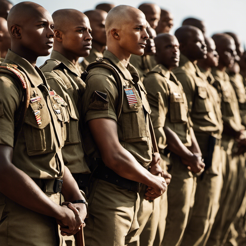 An image showcasing a group of soldiers with shaved heads standing in formation, their glistening bald scalps reflecting the sunlight, symbolizing unity, discipline, and strength